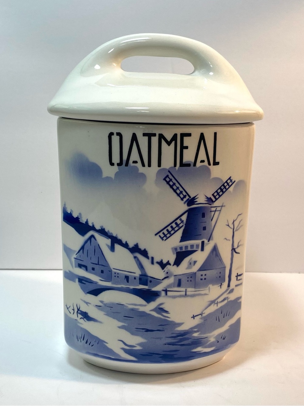 Vtg Yvonne 357 Oatmeal Dutch Delft Style Blue White Windmill Ceramic Canister 8”